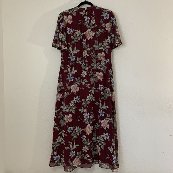 Tommy Bahama Midi Dress Women M Painted Petal Burgundy Floral Bead Sheer Flutter - Picture 2 of 11